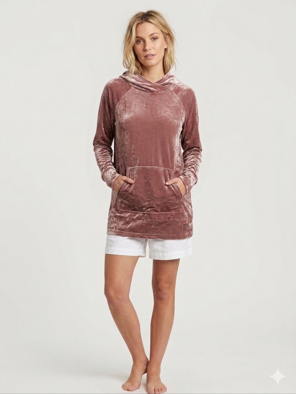 Women's Pink Velvet Hooded Pullover With Kangaroo Pocket
